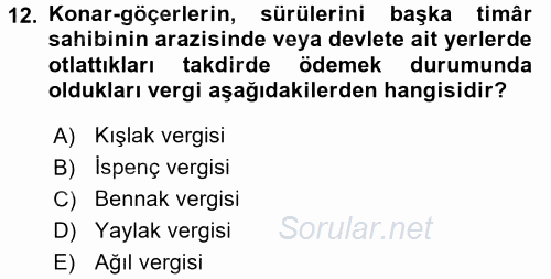 Osmanlı´da İskan ve Göç 2015 - 2016 Ara Sınavı 12.Soru