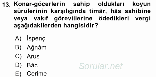 Osmanlı´da İskan ve Göç 2015 - 2016 Ara Sınavı 13.Soru