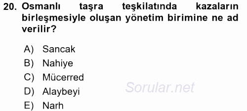 Osmanlı´da İskan ve Göç 2015 - 2016 Ara Sınavı 20.Soru