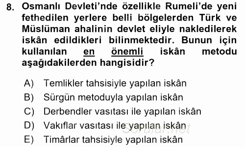 Osmanlı´da İskan ve Göç 2015 - 2016 Ara Sınavı 8.Soru