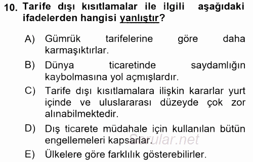 Uluslararası İktisat 2016 - 2017 Dönem Sonu Sınavı 10.Soru