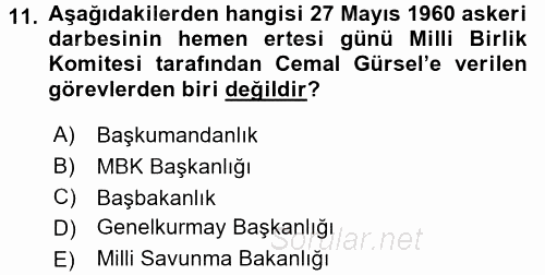 Türk Siyasal Hayatı 2015 - 2016 Ara Sınavı 11.Soru