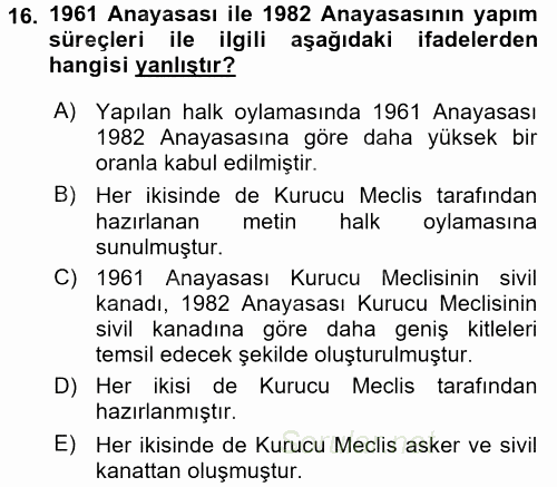 Türk Siyasal Hayatı 2015 - 2016 Ara Sınavı 16.Soru