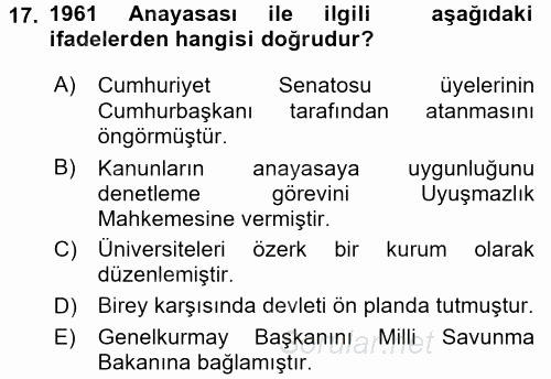 Türk Siyasal Hayatı 2015 - 2016 Ara Sınavı 17.Soru