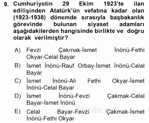 Türk Siyasal Hayatı 2015 - 2016 Ara Sınavı 9.Soru