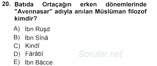 İslam Düşünce Tarihi 2012 - 2013 Dönem Sonu Sınavı 20.Soru