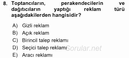 Pazarlama İletişimi 2015 - 2016 Ara Sınavı 8.Soru