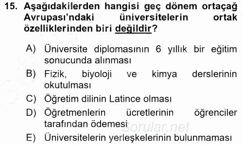 Orta Çağ-Yeni Çağ Avrupa Tarihi 2015 - 2016 Ara Sınavı 15.Soru