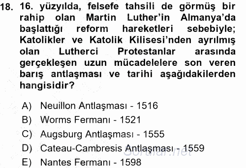 Orta Çağ-Yeni Çağ Avrupa Tarihi 2015 - 2016 Ara Sınavı 18.Soru