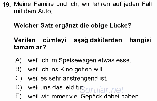 Almanca 1 2016 - 2017 Dönem Sonu Sınavı 19.Soru