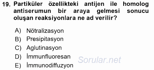 Temel Veteriner Mikrobiyoloji ve İmmünoloji 2015 - 2016 Dönem Sonu Sınavı 19.Soru