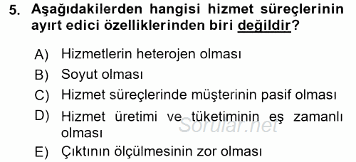 Konaklama Hizmetlerinde Kalite Yönetimi 2015 - 2016 Ara Sınavı 5.Soru