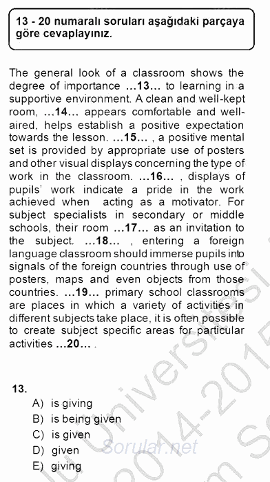 Pedagojik Gramer 1 2014 - 2015 Dönem Sonu Sınavı 13.Soru