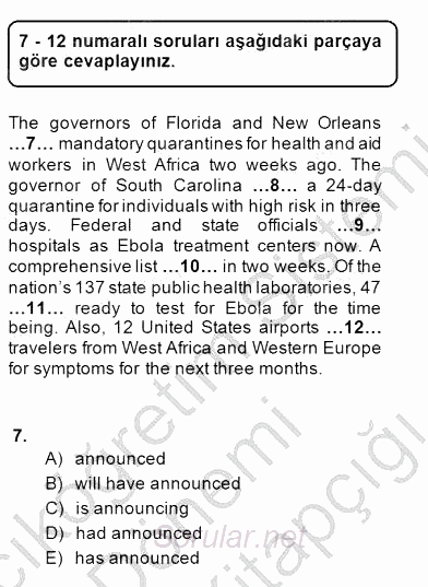 Pedagojik Gramer 1 2014 - 2015 Dönem Sonu Sınavı 7.Soru