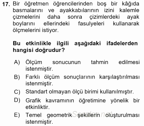 Okulöncesinde Matematik Eğitimi 2016 - 2017 Dönem Sonu Sınavı 17.Soru