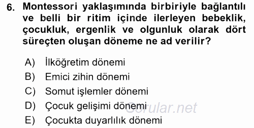 Okulöncesinde Matematik Eğitimi 2016 - 2017 Dönem Sonu Sınavı 6.Soru