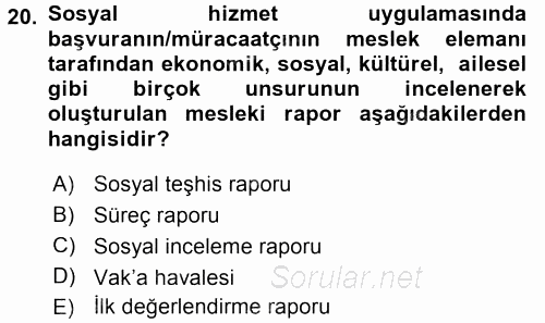 Sosyal Hizmete Giriş 2015 - 2016 Tek Ders Sınavı 20.Soru