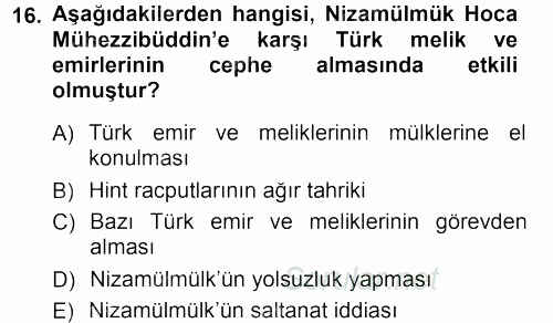 Orta Çağ ve Yeni Çağ Türk Devletleri Tarihi 2012 - 2013 Dönem Sonu Sınavı 16.Soru