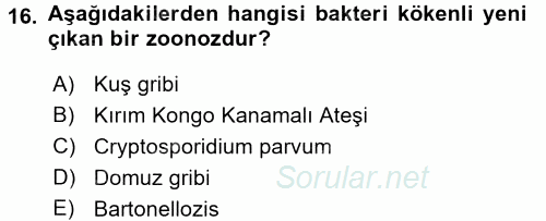 Veteriner Hizmetleri Mevzuatı ve Etik 2017 - 2018 Dönem Sonu Sınavı 16.Soru