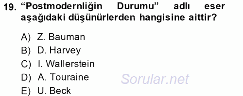 Sosyolojide Yakın Dönem Gelişmeler 2014 - 2015 Dönem Sonu Sınavı 19.Soru