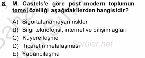 Sosyolojide Yakın Dönem Gelişmeler 2014 - 2015 Dönem Sonu Sınavı 8.Soru