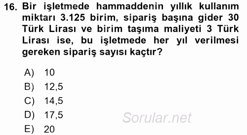 Finansal Yönetim 1 2015 - 2016 Dönem Sonu Sınavı 16.Soru