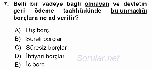 Devlet Borçları 2015 - 2016 Tek Ders Sınavı 7.Soru