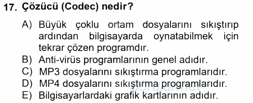 Temel Bilgi Teknolojileri 2 2013 - 2014 Tek Ders Sınavı 17.Soru