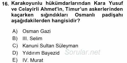 Orta Çağ ve Yeni Çağ Türk Devletleri Tarihi 2017 - 2018 Ara Sınavı 16.Soru