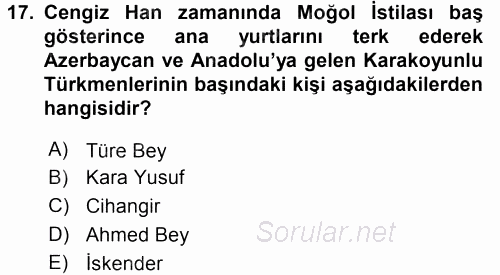 Orta Çağ ve Yeni Çağ Türk Devletleri Tarihi 2017 - 2018 Ara Sınavı 17.Soru