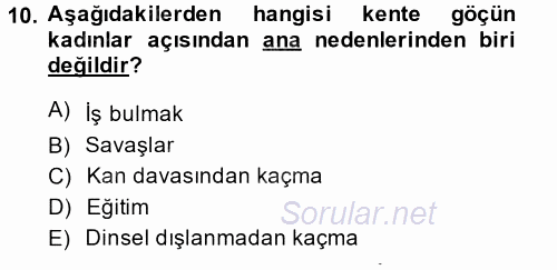 Toplumsal Cinsiyet Sosyolojisi 2014 - 2015 Tek Ders Sınavı 10.Soru