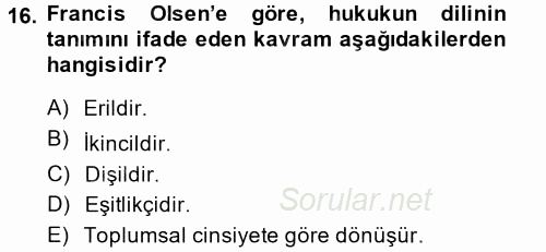 Toplumsal Cinsiyet Sosyolojisi 2014 - 2015 Tek Ders Sınavı 16.Soru