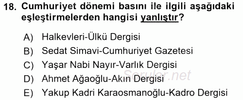 Tarih Metodu 2017 - 2018 Dönem Sonu Sınavı 18.Soru