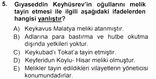 Türkiye Selçuklu Tarihi 2012 - 2013 Dönem Sonu Sınavı 5.Soru