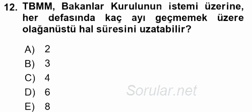 Türk Anayasa Hukuku 2017 - 2018 3 Ders Sınavı 12.Soru