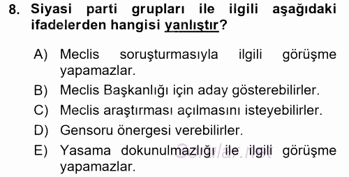 Türk Anayasa Hukuku 2017 - 2018 3 Ders Sınavı 8.Soru