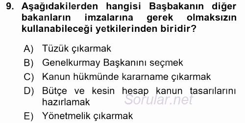 Türk Anayasa Hukuku 2017 - 2018 3 Ders Sınavı 9.Soru