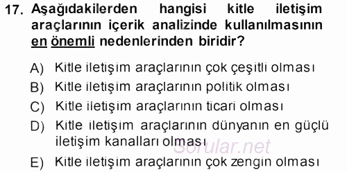 İletişim Araştırmaları 2013 - 2014 Dönem Sonu Sınavı 17.Soru