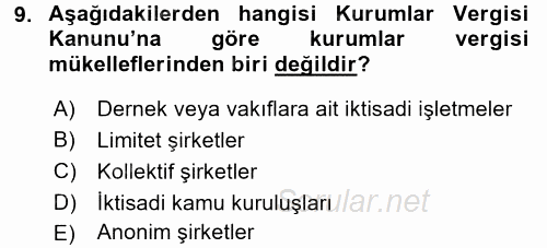 Türk Vergi Sistemi 2016 - 2017 Dönem Sonu Sınavı 9.Soru