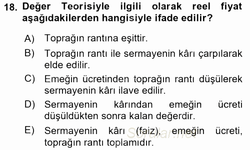 İktisadi Düşünceler Tarihi 2016 - 2017 Ara Sınavı 18.Soru