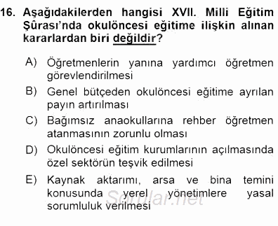 Okulöncesi Eğitime Giriş 2015 - 2016 Ara Sınavı 16.Soru