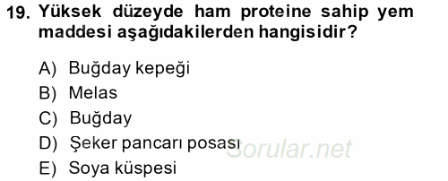 Temel Yem Bilgisi ve Hayvan Besleme 2014 - 2015 Ara Sınavı 19.Soru