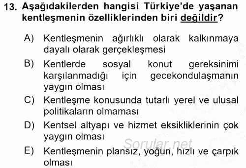 Çevre Sosyolojisi 2016 - 2017 3 Ders Sınavı 13.Soru