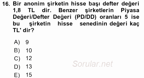 Finans Matematiği 2016 - 2017 Dönem Sonu Sınavı 16.Soru