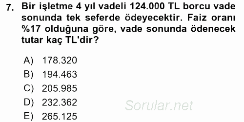 Finans Matematiği 2016 - 2017 Dönem Sonu Sınavı 7.Soru