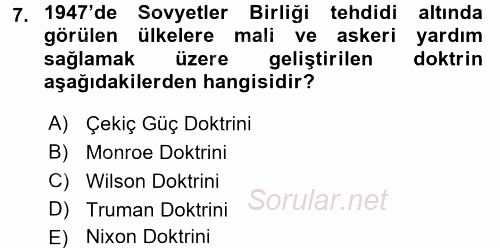 Türk Dış Politikası 1 2016 - 2017 Dönem Sonu Sınavı 7.Soru