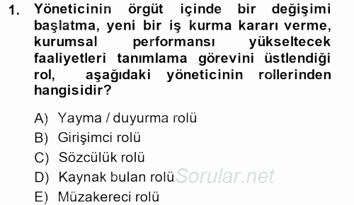 İşletme Yönetimi 2014 - 2015 Dönem Sonu Sınavı 1.Soru