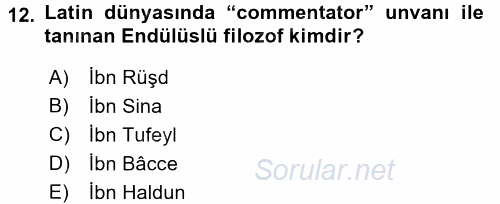 İslam Düşünce Tarihi 2016 - 2017 Ara Sınavı 12.Soru