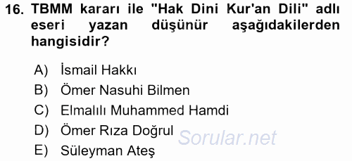 İslam Düşünce Tarihi 2016 - 2017 Ara Sınavı 16.Soru