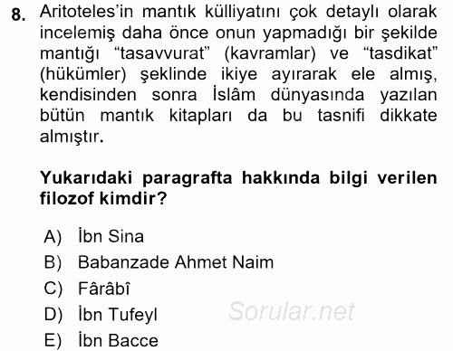 İslam Düşünce Tarihi 2016 - 2017 Ara Sınavı 8.Soru